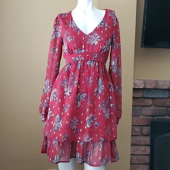 🆕FRANCESCA'S COLLECTION Mi Ami Burgundy V-Neck Floral Long Sleeve Dress SIZE: S - Picture 15 of 15